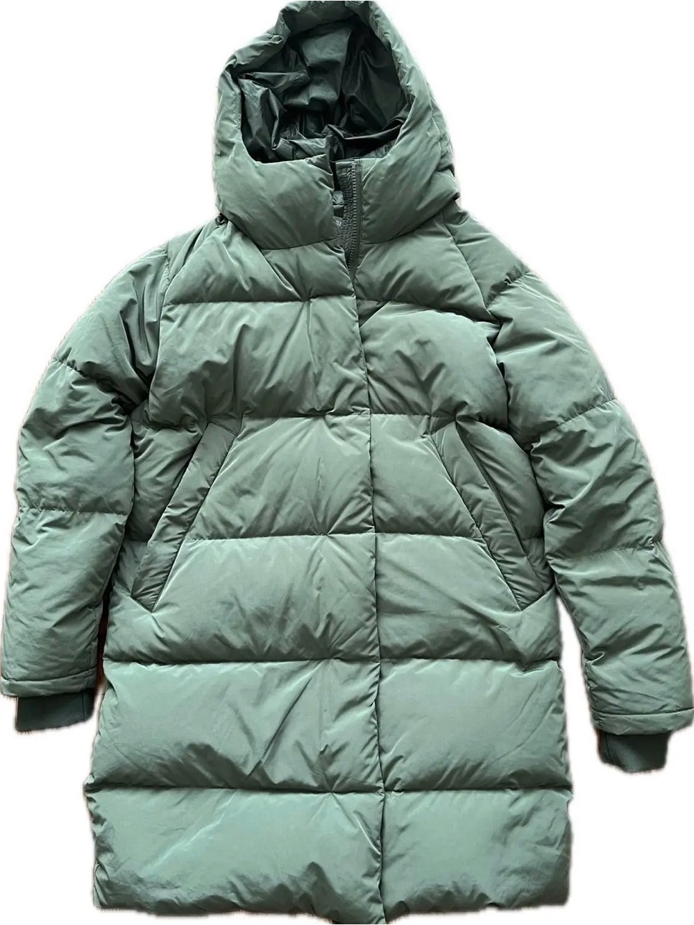 Simons Sage green down puffer jacket with hood, fits M-L
